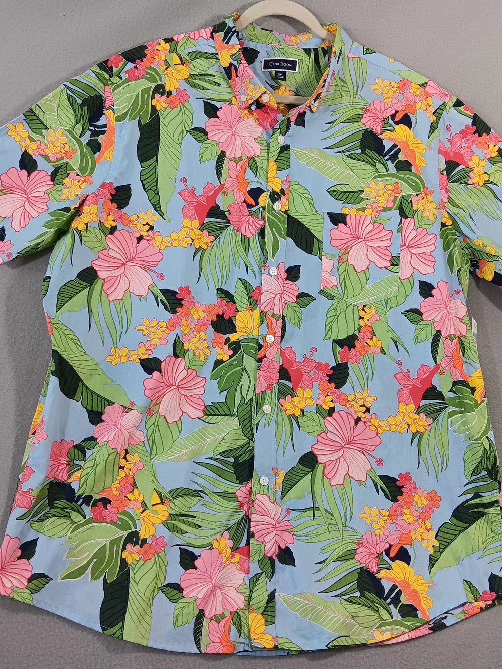 Club Room Hawaiian Shirt XXL  Tropical Floral Button Down  Blue Hibiscus Beach